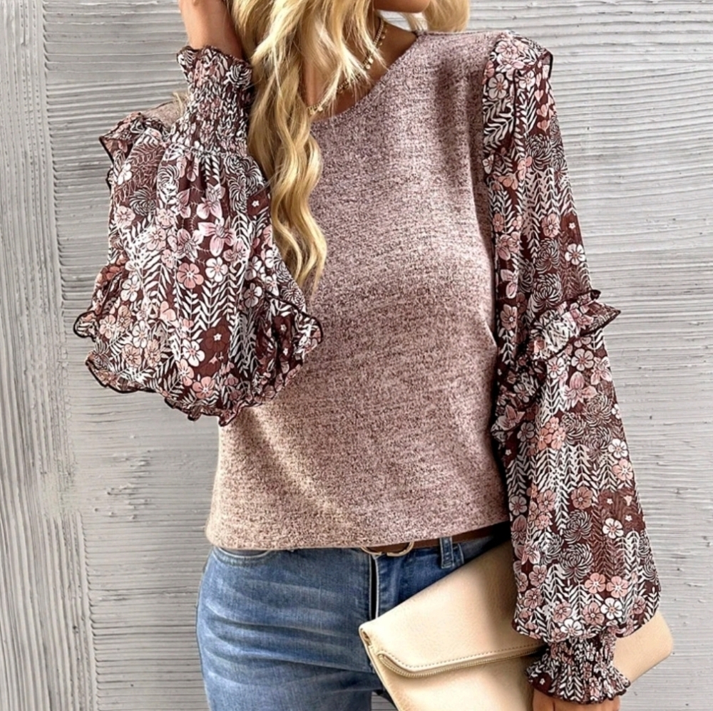 SHEIN • EMERY ROSE Floral Print Lantern Sleeve Ruffle Trim Top